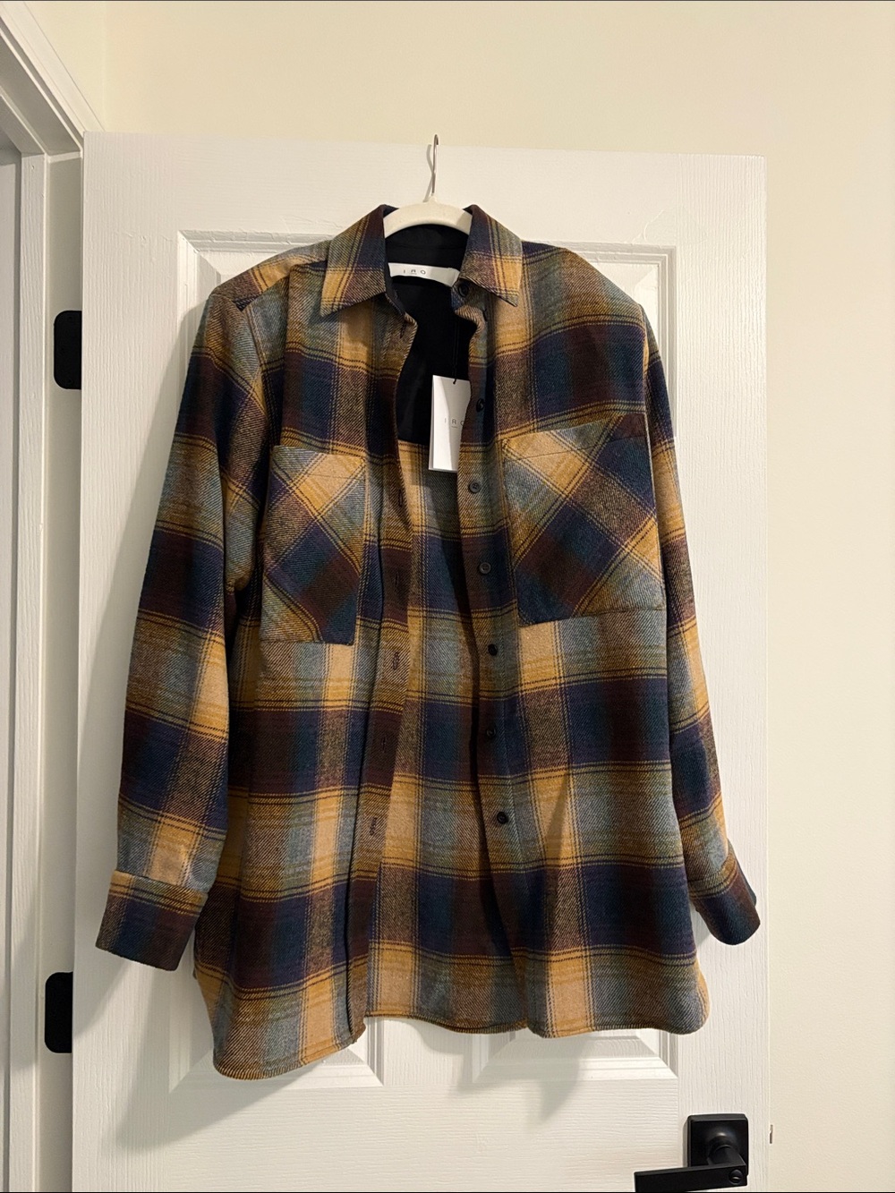 IRO Plaid Button-Up Shacket in Mustard, Navy & Olive